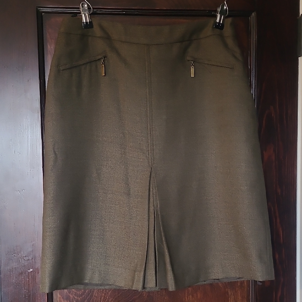 Kate Hill Olive Green Pencil Skirt with Front Slit and Zip Pockets
